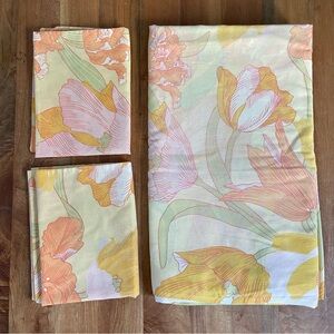 Vintage 70s Burlington Gold Star Frosted Tulips Full Flat Sheet + 2 Pillowcases